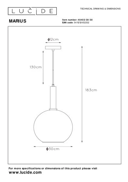 Lucide MARIUS - Hanglamp - Ø 30 cm - 1xE27 - Zwart - technisch